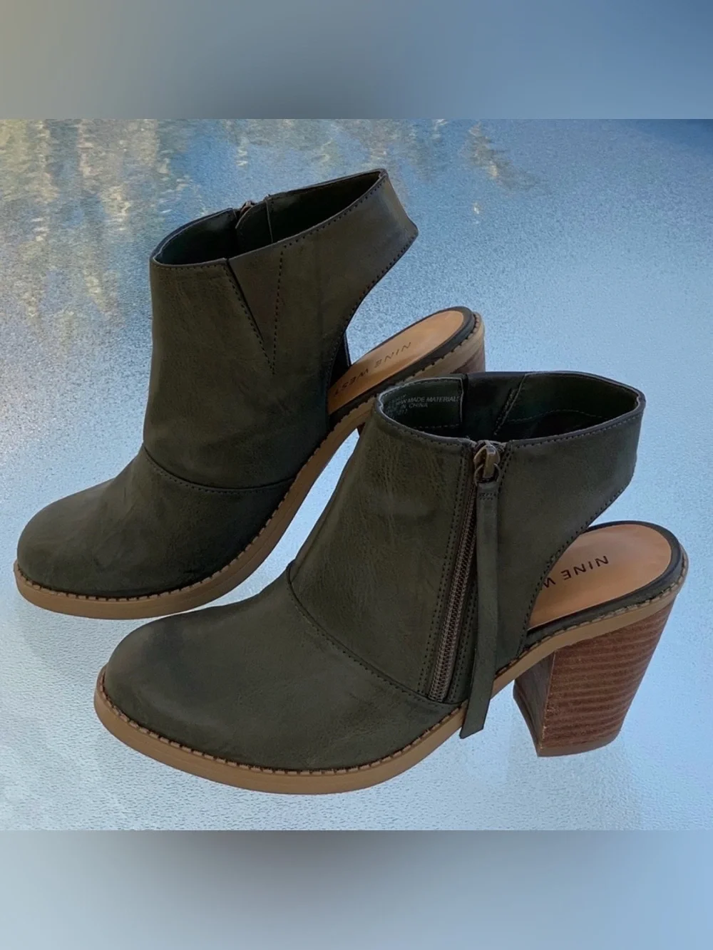 Nine West Livia 3Y Olive Green Sling Back High Heel Faux Leather Booties ~ 7.5